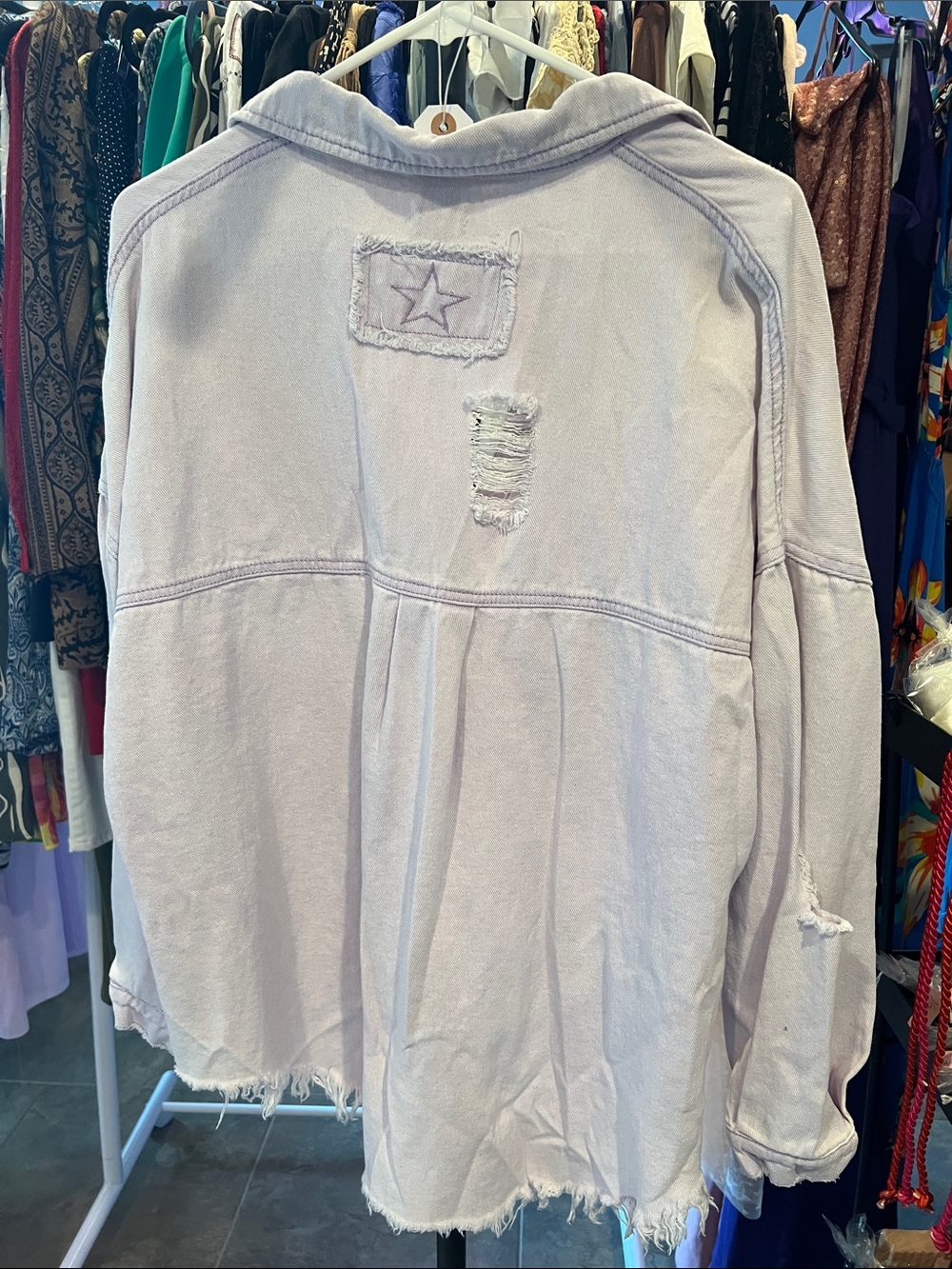POL Lavender Distressed Denim Jacket